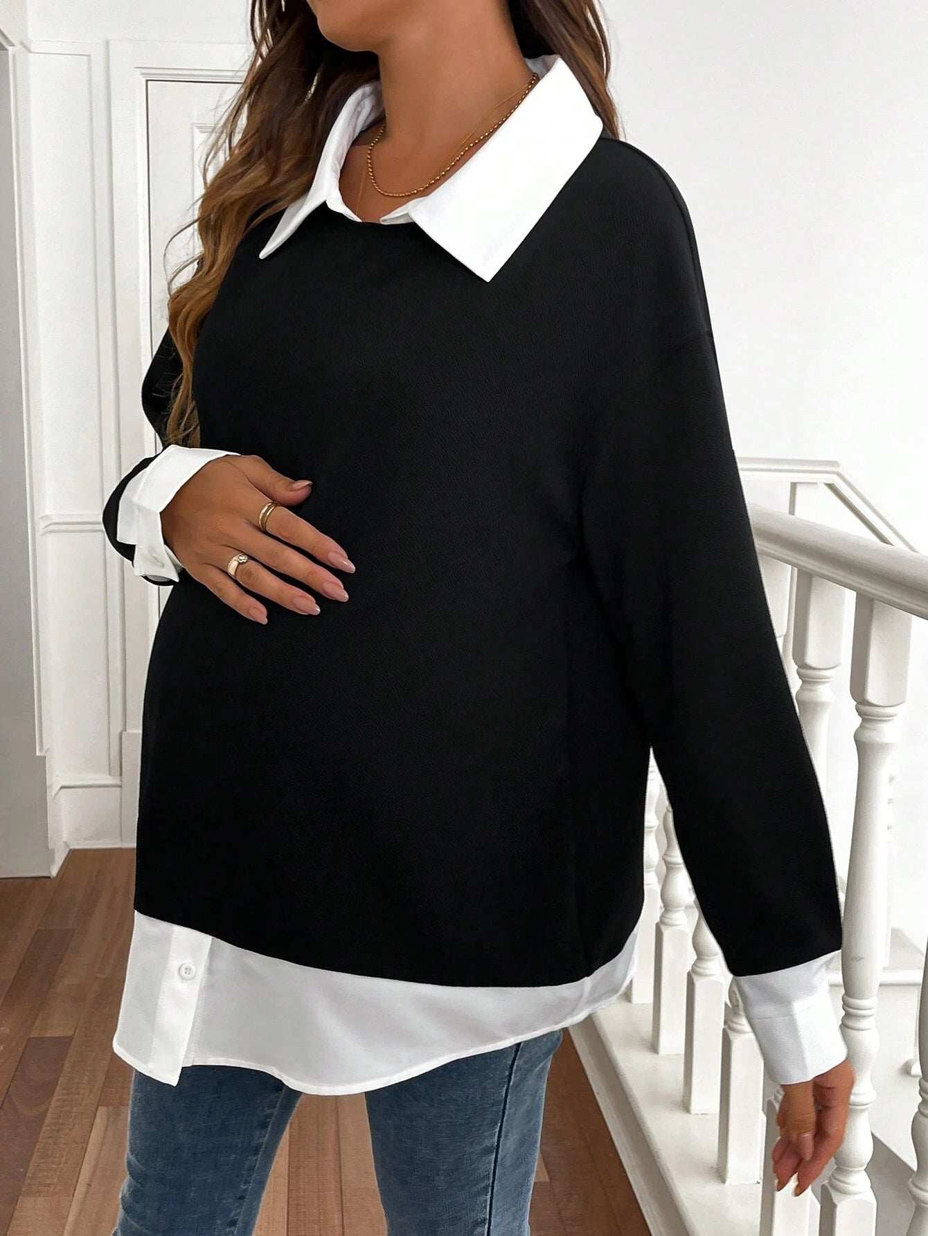 البس اليومي, أنيق, كاجوال, بسيط, كم طويل, لانها حوامل, أبيض وأسود, بلوزة بتصميم مرقع - Pink&blue