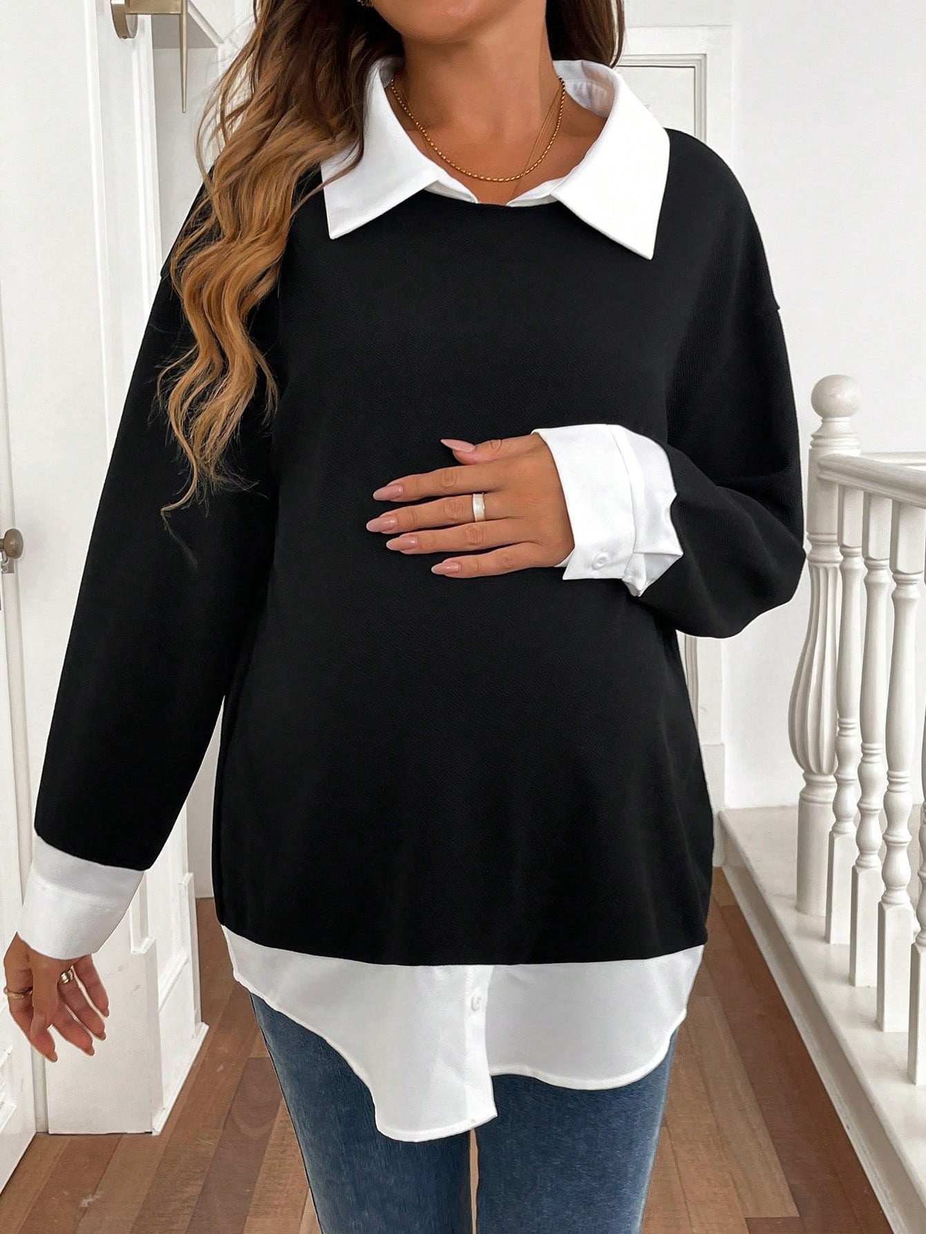 البس اليومي, أنيق, كاجوال, بسيط, كم طويل, لانها حوامل, أبيض وأسود, بلوزة بتصميم مرقع - Pink&blue