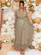 فستان أنيق متنوع الأكمام طويل الأكمام للسيدات الحوامل للاحتفالات والمناسبات ، لحفل استقبال المولود في فصل الخريف - Pink&blue