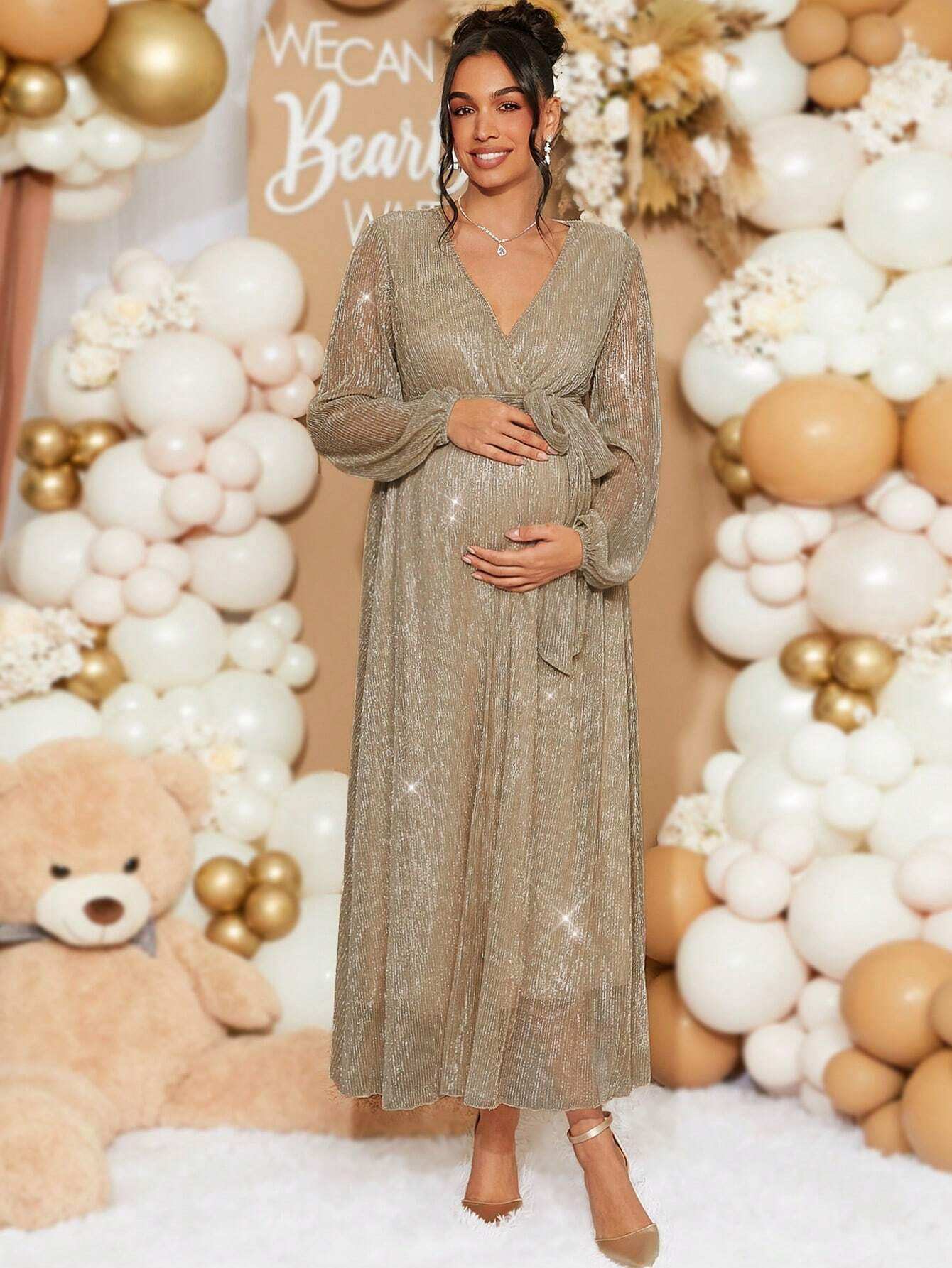 فستان أنيق متنوع الأكمام طويل الأكمام للسيدات الحوامل للاحتفالات والمناسبات ، لحفل استقبال المولود في فصل الخريف - Pink&blue