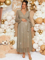 فستان أنيق متنوع الأكمام طويل الأكمام للسيدات الحوامل للاحتفالات والمناسبات ، لحفل استقبال المولود في فصل الخريف - Pink&blue