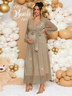 فستان أنيق متنوع الأكمام طويل الأكمام للسيدات الحوامل للاحتفالات والمناسبات ، لحفل استقبال المولود في فصل الخريف - Pink&blue