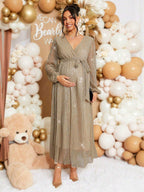 فستان أنيق متنوع الأكمام طويل الأكمام للسيدات الحوامل للاحتفالات والمناسبات ، لحفل استقبال المولود في فصل الخريف - Pink&blue