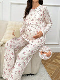 مجموعة ملابس علوية طويلة الأكمام وبنطلون مناسبة للرضاعة الطبيعية مع طباعة زهور صغيرة، ملابس خريفية - Pink&blue