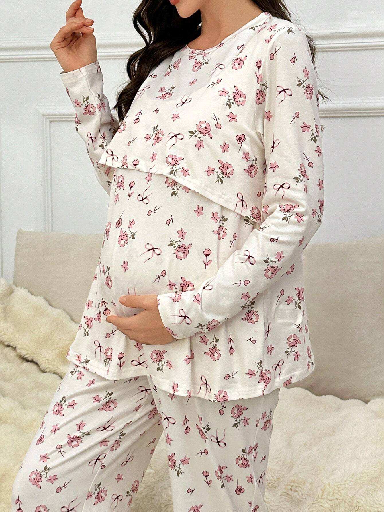 مجموعة ملابس علوية طويلة الأكمام وبنطلون مناسبة للرضاعة الطبيعية مع طباعة زهور صغيرة، ملابس خريفية - Pink&blue