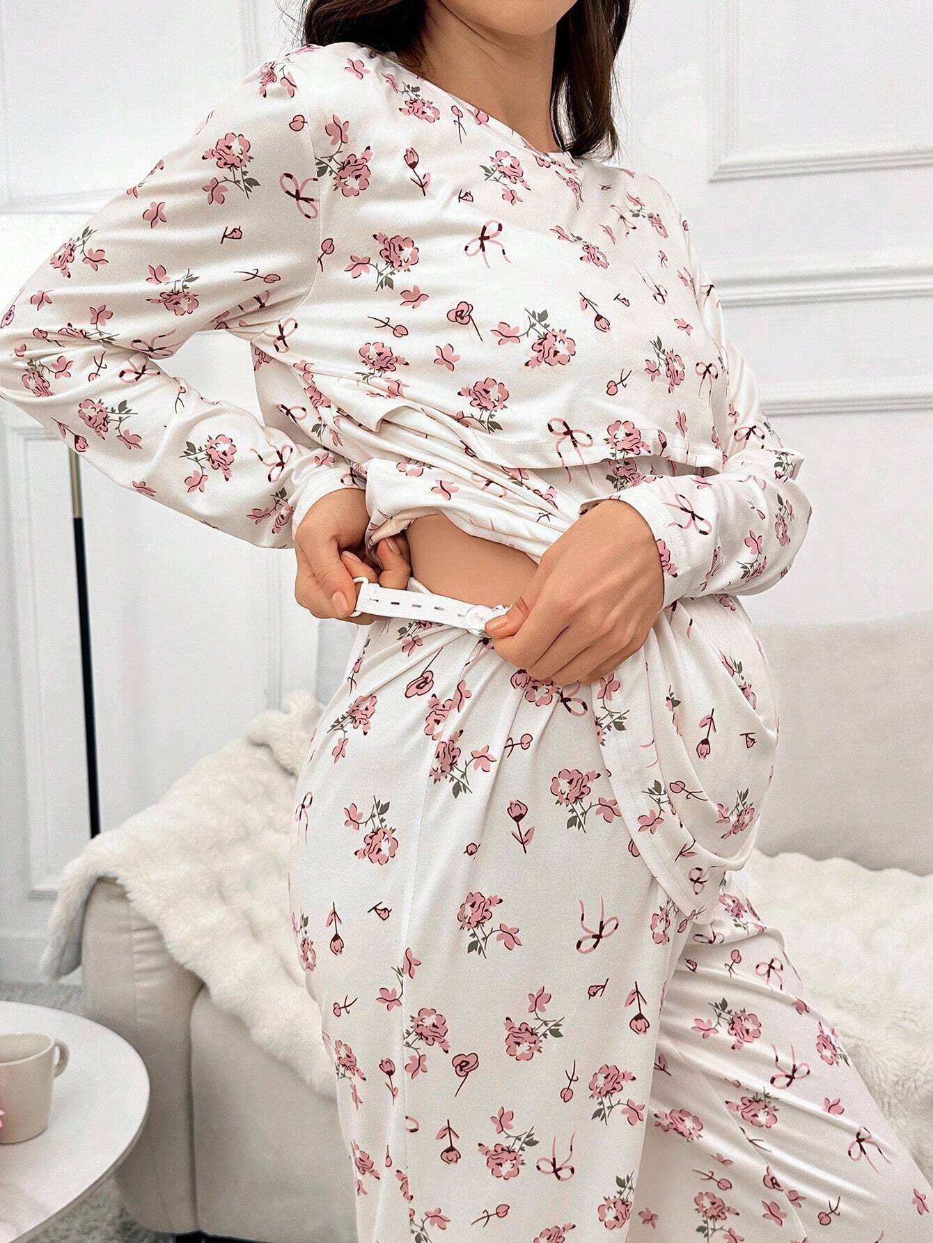 مجموعة ملابس علوية طويلة الأكمام وبنطلون مناسبة للرضاعة الطبيعية مع طباعة زهور صغيرة، ملابس خريفية - Pink&blue