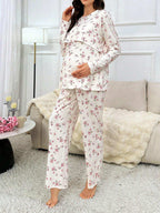 مجموعة ملابس علوية طويلة الأكمام وبنطلون مناسبة للرضاعة الطبيعية مع طباعة زهور صغيرة، ملابس خريفية - Pink&blue