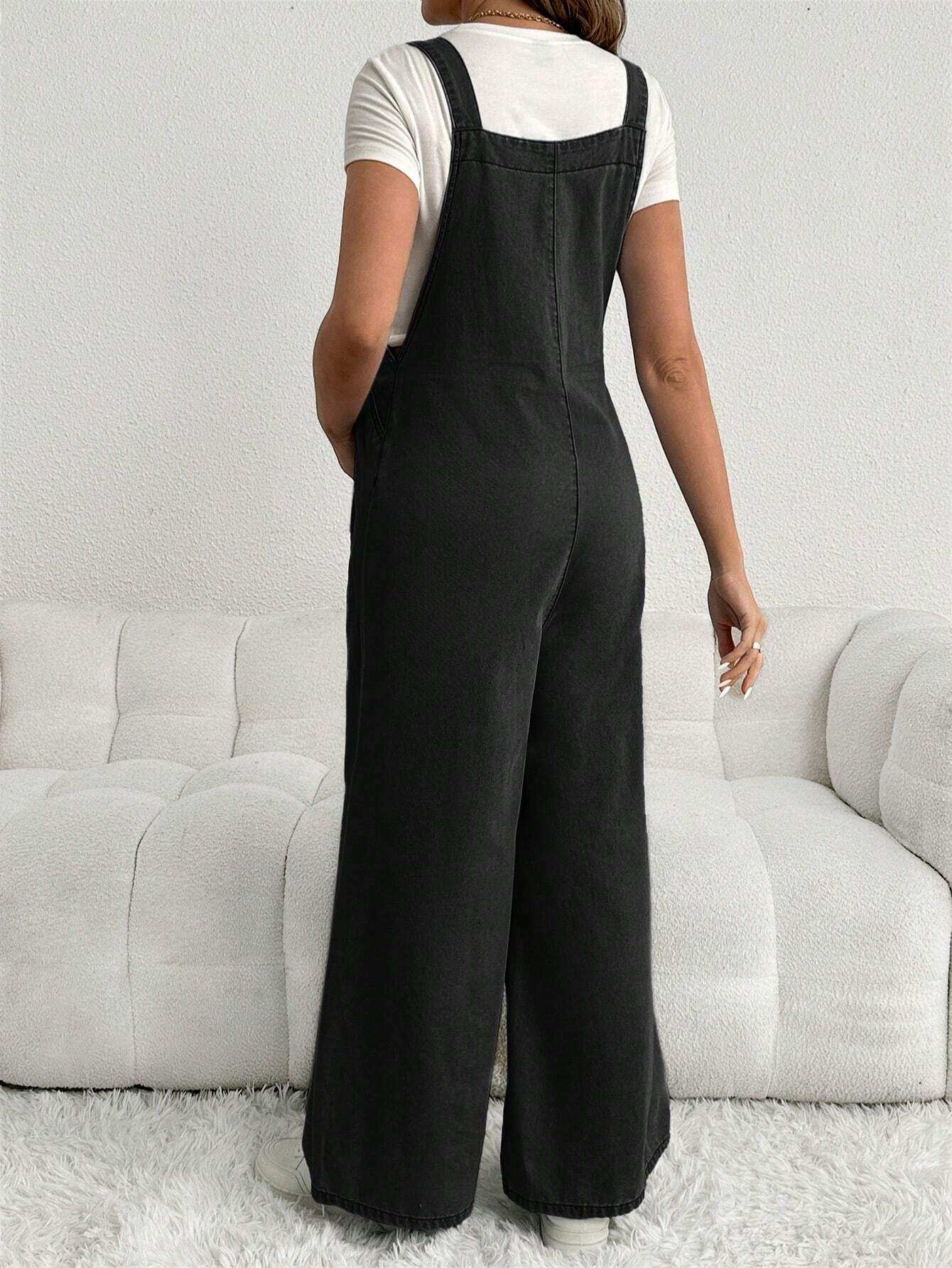 بناطيل جينز جيب للحامل فضفاضة وتشكيلة طويلة وواسعة الساق، بأربطة قابلة للتعديل، باللون الأزرق - Pink&blue