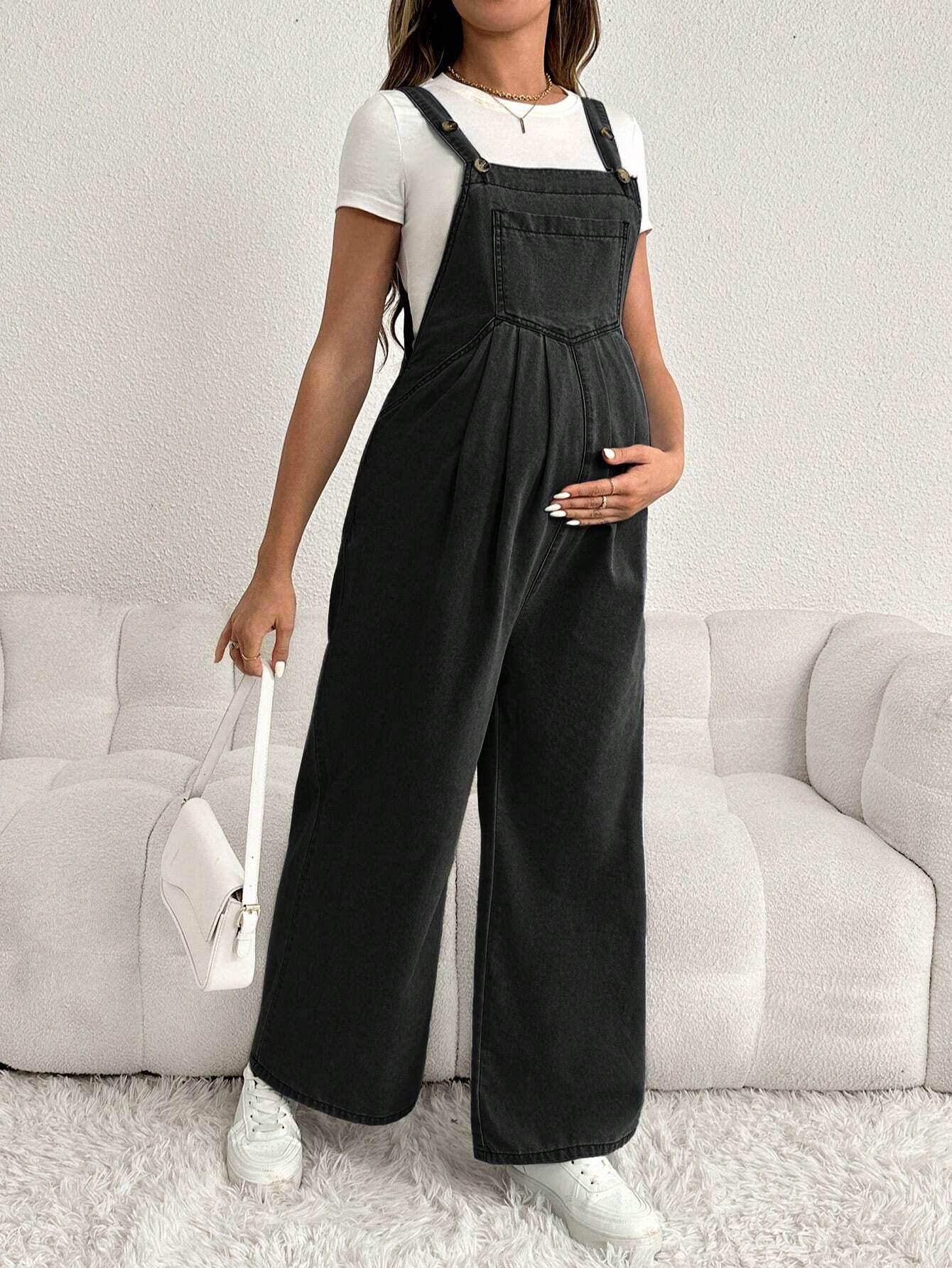 بناطيل جينز جيب للحامل فضفاضة وتشكيلة طويلة وواسعة الساق، بأربطة قابلة للتعديل، باللون الأزرق - Pink&blue