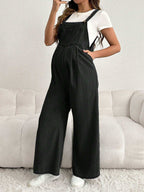 بناطيل جينز جيب للحامل فضفاضة وتشكيلة طويلة وواسعة الساق، بأربطة قابلة للتعديل، باللون الأزرق - Pink&blue