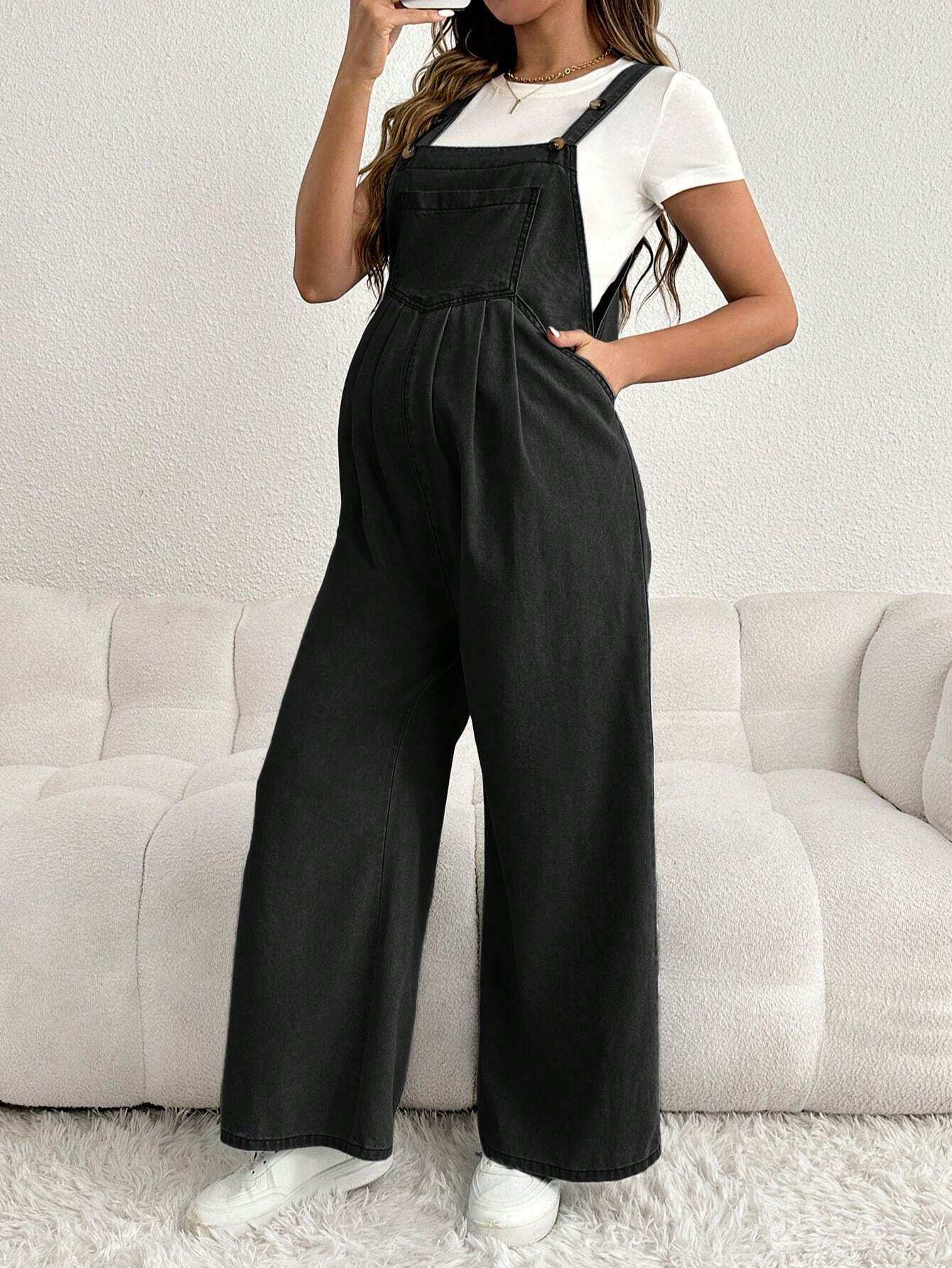 بناطيل جينز جيب للحامل فضفاضة وتشكيلة طويلة وواسعة الساق، بأربطة قابلة للتعديل، باللون الأزرق - Pink&blue