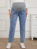 بنطلون جينز أنيق للحوامل مطرز بتطريز زهري بألوان متباينة وخصر قابل للتعديل - Pink&blue