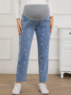 بنطلون جينز أنيق للحوامل مطرز بتطريز زهري بألوان متباينة وخصر قابل للتعديل - Pink&blue
