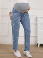 بنطلون جينز أنيق للحوامل مطرز بتطريز زهري بألوان متباينة وخصر قابل للتعديل - Pink&blue