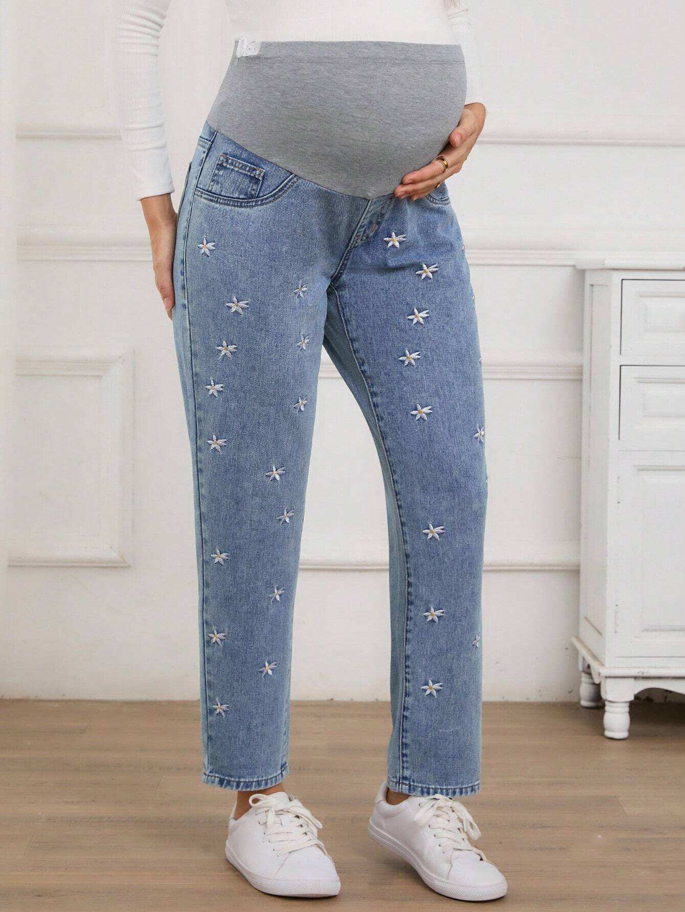 بنطلون جينز أنيق للحوامل مطرز بتطريز زهري بألوان متباينة وخصر قابل للتعديل - Pink&blue
