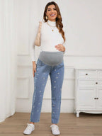 بنطلون جينز أنيق للحوامل مطرز بتطريز زهري بألوان متباينة وخصر قابل للتعديل - Pink&blue