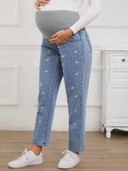 بنطلون جينز أنيق للحوامل مطرز بتطريز زهري بألوان متباينة وخصر قابل للتعديل - Pink&blue