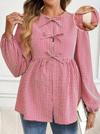 قميص حوامل كشمير طويل الأكمام بياقة مستديرة وزخرفة فيونكة وكشكشة عند الأطراف بطباعة مربعات - Pink&blue