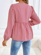 قميص حوامل كشمير طويل الأكمام بياقة مستديرة وزخرفة فيونكة وكشكشة عند الأطراف بطباعة مربعات - Pink&blue