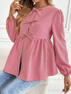 قميص حوامل كشمير طويل الأكمام بياقة مستديرة وزخرفة فيونكة وكشكشة عند الأطراف بطباعة مربعات - Pink&blue