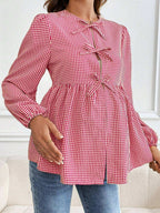 قميص حوامل كشمير طويل الأكمام بياقة مستديرة وزخرفة فيونكة وكشكشة عند الأطراف بطباعة مربعات - Pink&blue