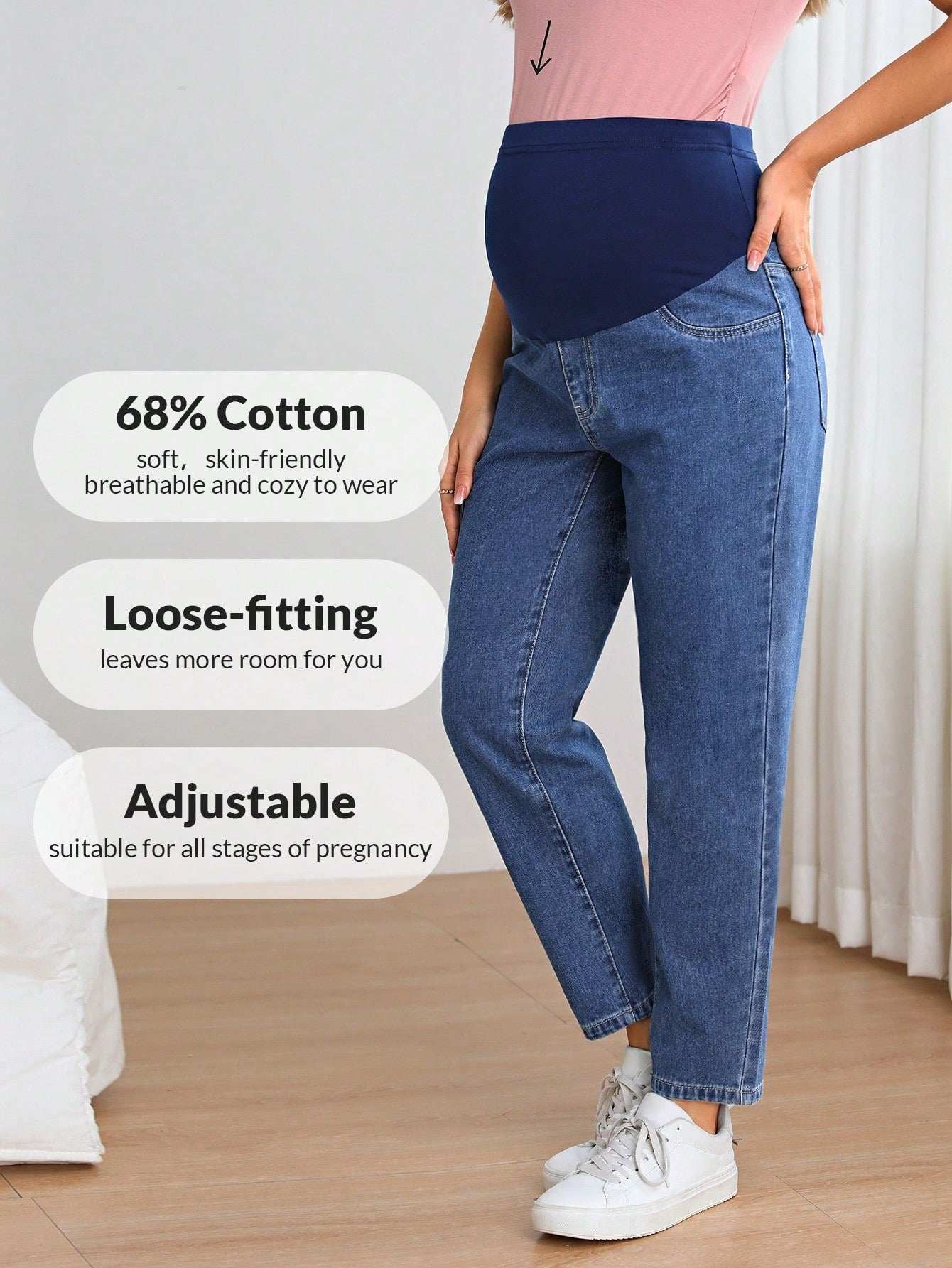 جينز بساق مستقيم شريط خصر واسع بخصر قابل للتعديل للأمومة - Pink&blue