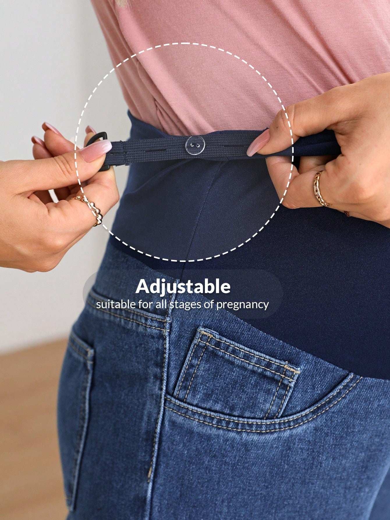 جينز بساق مستقيم شريط خصر واسع بخصر قابل للتعديل للأمومة - Pink&blue