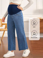 بنطلون جينز قابل للتعديل خصر مرن بحافة مهتري الحواف ساق عريضة للأمومة - Pink&blue