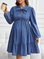 فستان جينز للحوامل بأكمام طويلة فضفاضة وشورت ، أزرق - Pink&blue