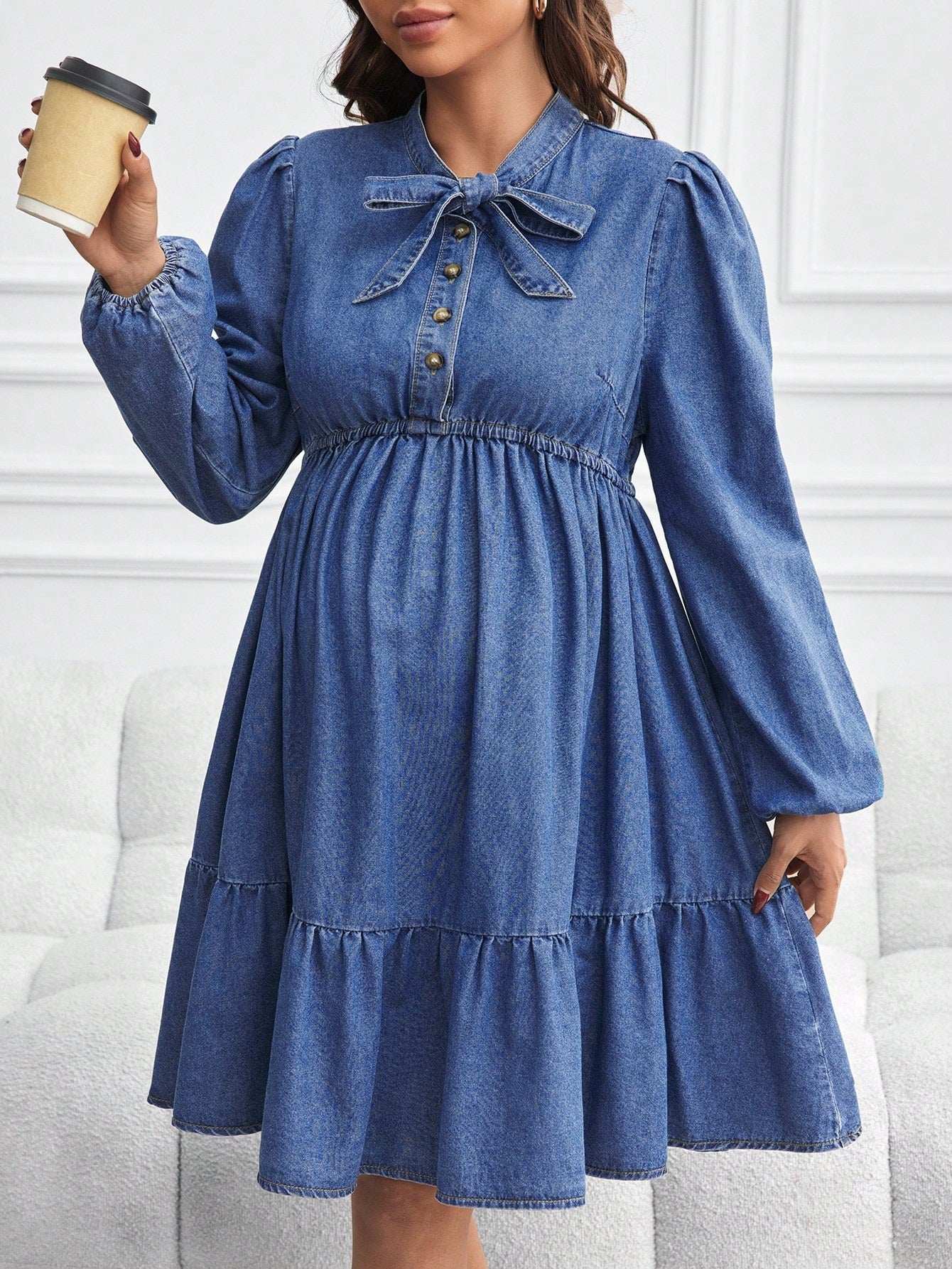 فستان جينز للحوامل بأكمام طويلة فضفاضة وشورت ، أزرق - Pink&blue