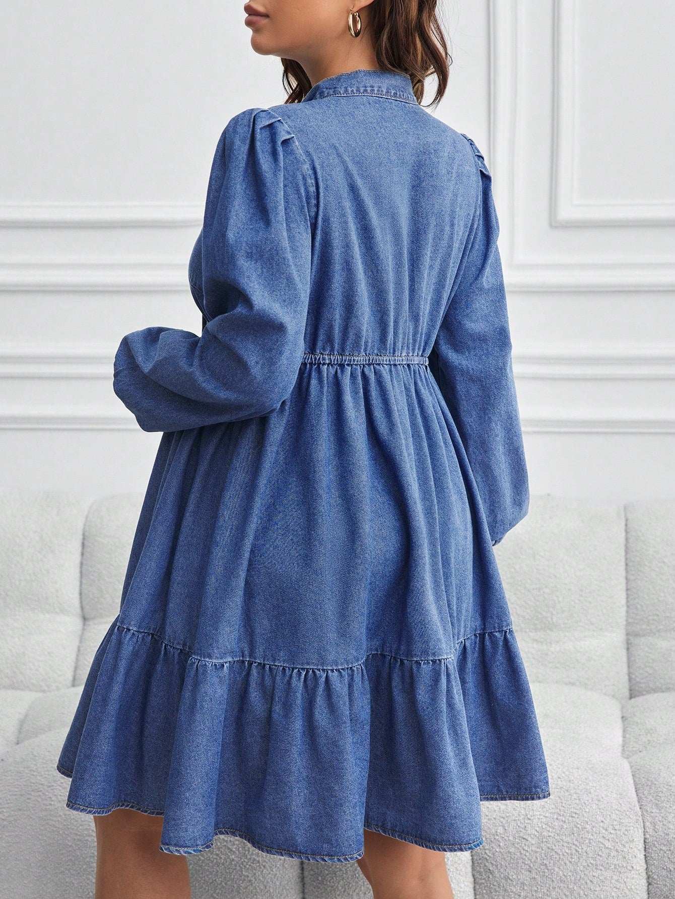 فستان جينز للحوامل بأكمام طويلة فضفاضة وشورت ، أزرق - Pink&blue