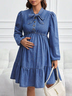 فستان جينز للحوامل بأكمام طويلة فضفاضة وشورت ، أزرق - Pink&blue