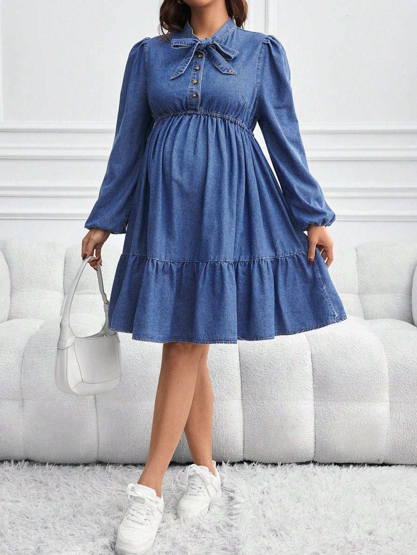 فستان جينز للحوامل بأكمام طويلة فضفاضة وشورت ، أزرق - Pink&blue