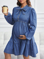 فستان جينز للحوامل بأكمام طويلة فضفاضة وشورت ، أزرق - Pink&blue