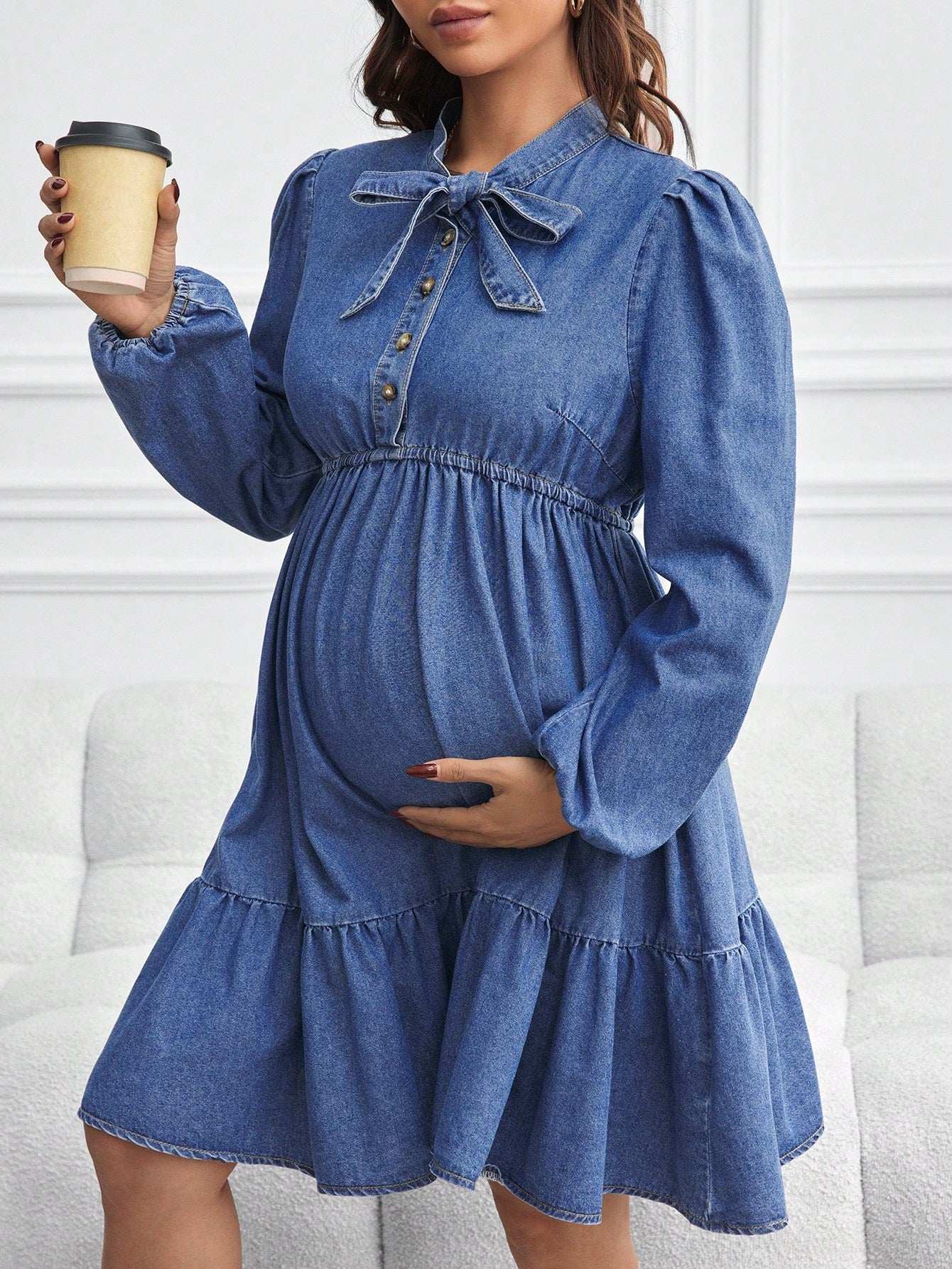 فستان جينز للحوامل بأكمام طويلة فضفاضة وشورت ، أزرق - Pink&blue