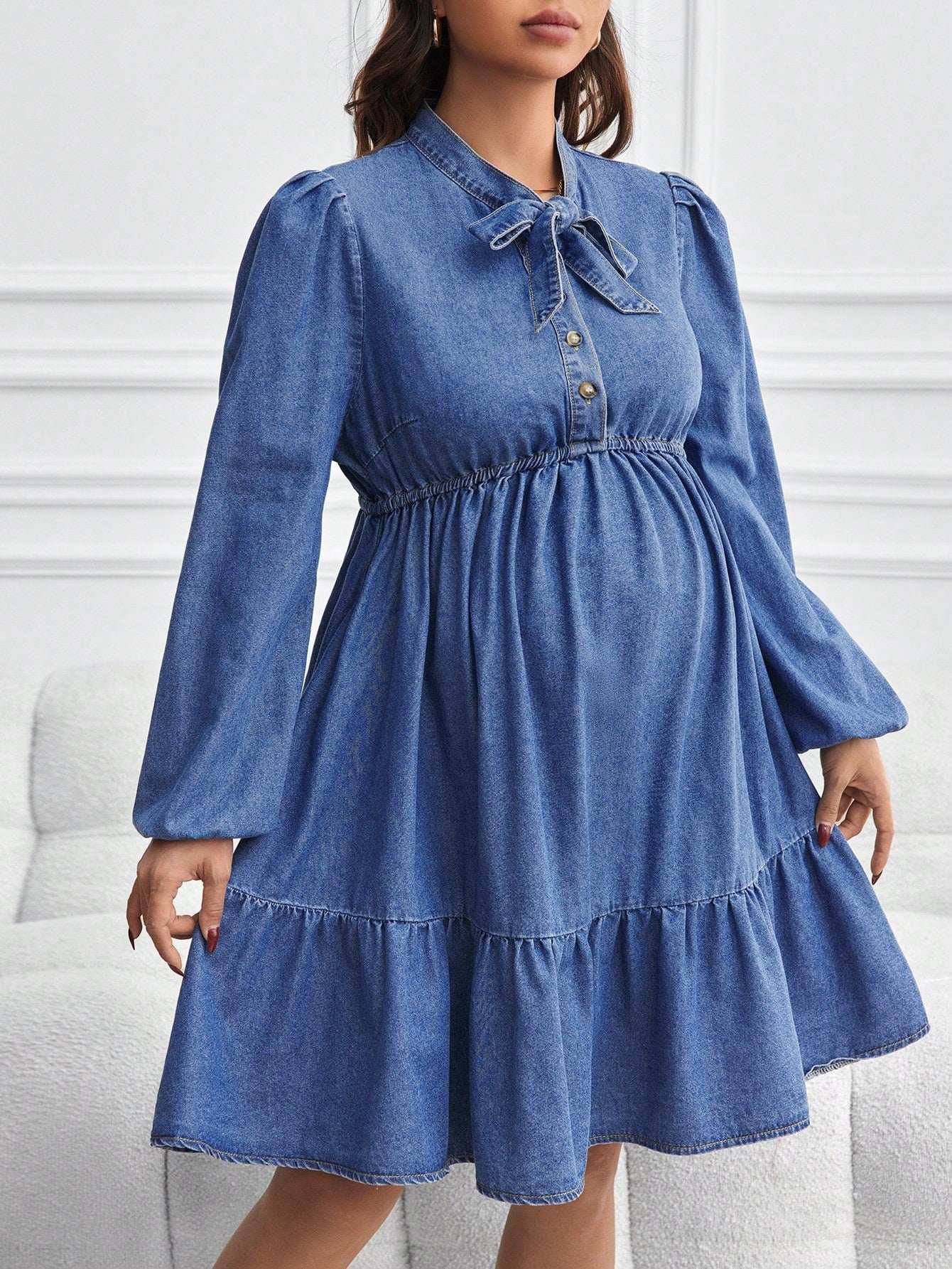 فستان جينز للحوامل بأكمام طويلة فضفاضة وشورت ، أزرق - Pink&blue