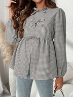 قميص أسير أنيق للحوامل مزين بالقوس، بأكمام عريضة و ياقة مستديرة، مناسب للخريف، للحوامل - Pink&blue