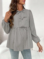 قميص أسير أنيق للحوامل مزين بالقوس، بأكمام عريضة و ياقة مستديرة، مناسب للخريف، للحوامل - Pink&blue