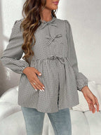 قميص أسير أنيق للحوامل مزين بالقوس، بأكمام عريضة و ياقة مستديرة، مناسب للخريف، للحوامل - Pink&blue