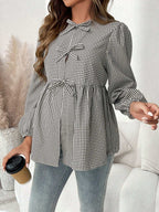 قميص أسير أنيق للحوامل مزين بالقوس، بأكمام عريضة و ياقة مستديرة، مناسب للخريف، للحوامل - Pink&blue