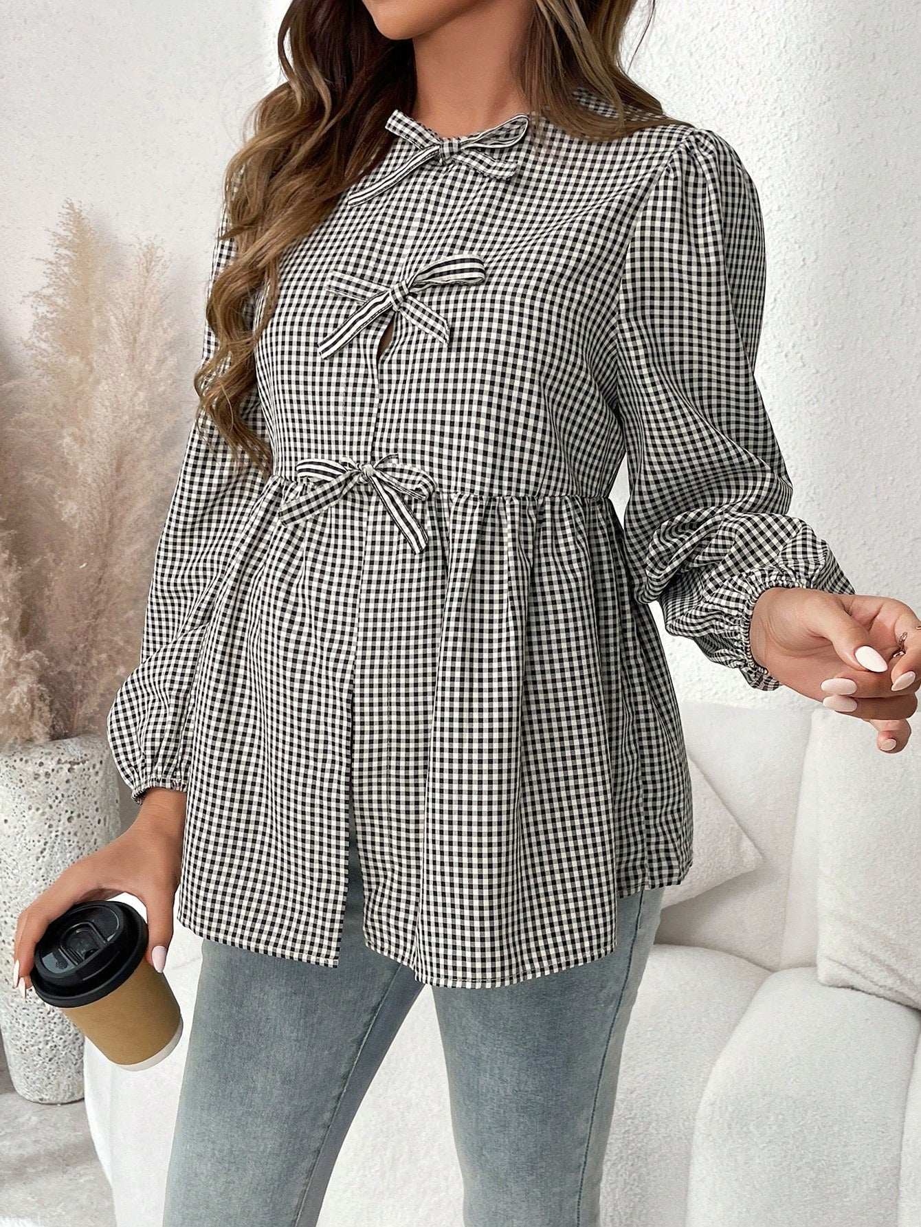 قميص أسير أنيق للحوامل مزين بالقوس، بأكمام عريضة و ياقة مستديرة، مناسب للخريف، للحوامل - Pink&blue