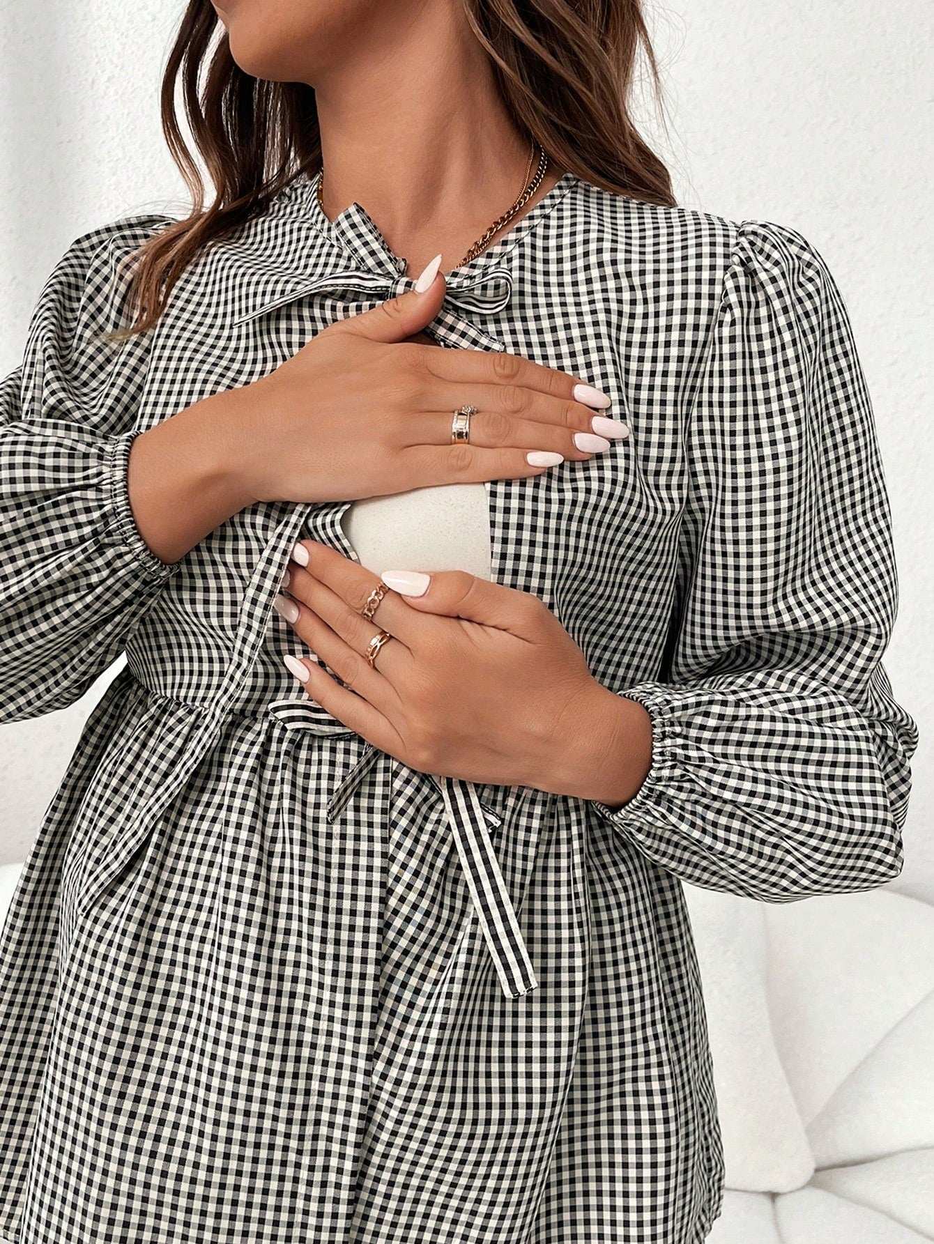 قميص أسير أنيق للحوامل مزين بالقوس، بأكمام عريضة و ياقة مستديرة، مناسب للخريف، للحوامل - Pink&blue