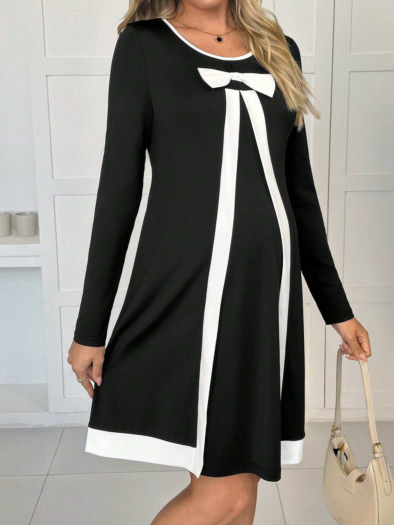 فستان للحوامل أنيق أوروبي وأمريكي مستورد بياقة مستديرة وأكمام طويلة - Pink&blue