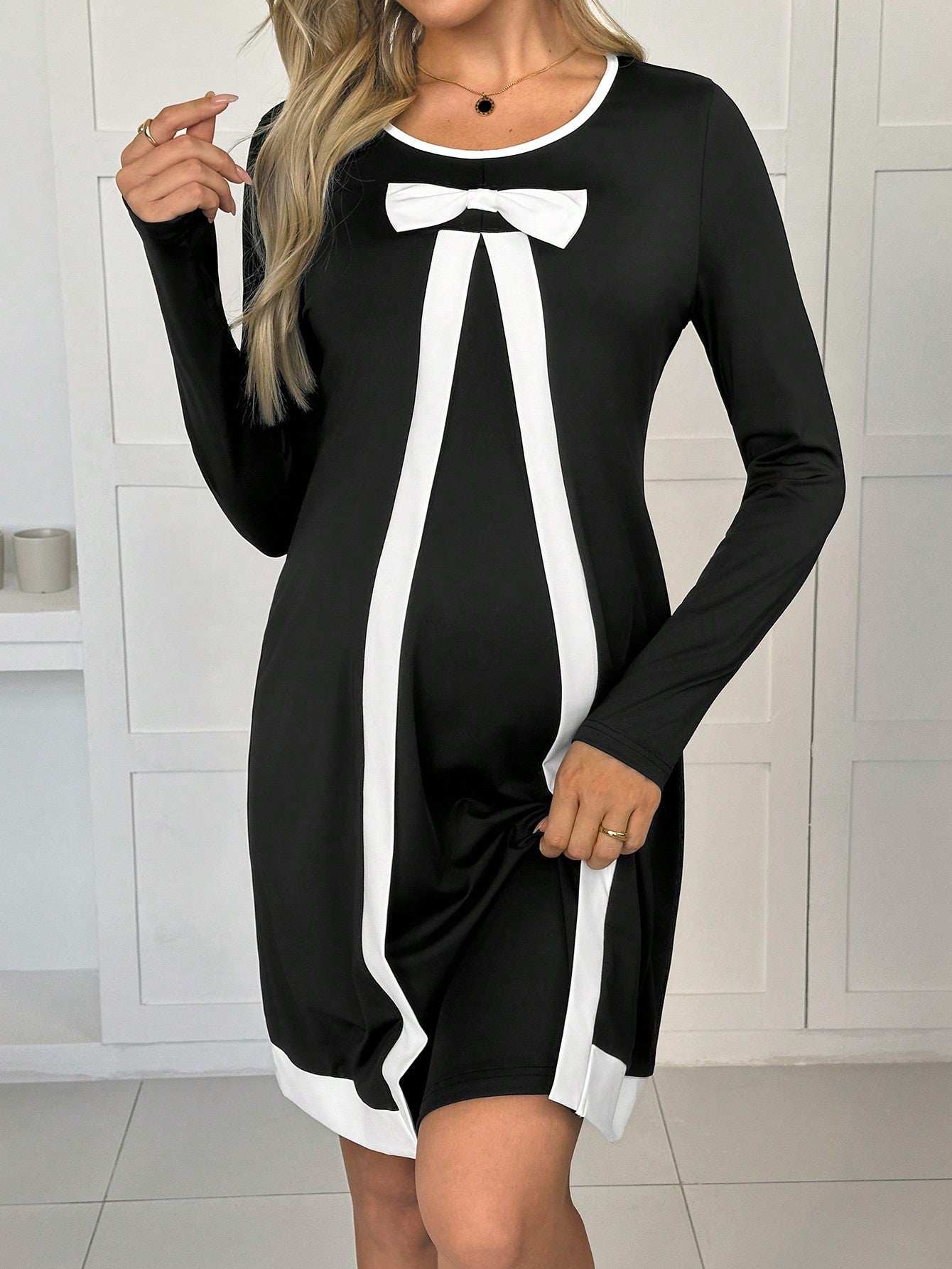 فستان للحوامل أنيق أوروبي وأمريكي مستورد بياقة مستديرة وأكمام طويلة - Pink&blue