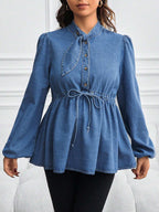 قميص/بلوزة من الجينز بياقة فانوس وخصر ربطة للحوامل - Pink&blue