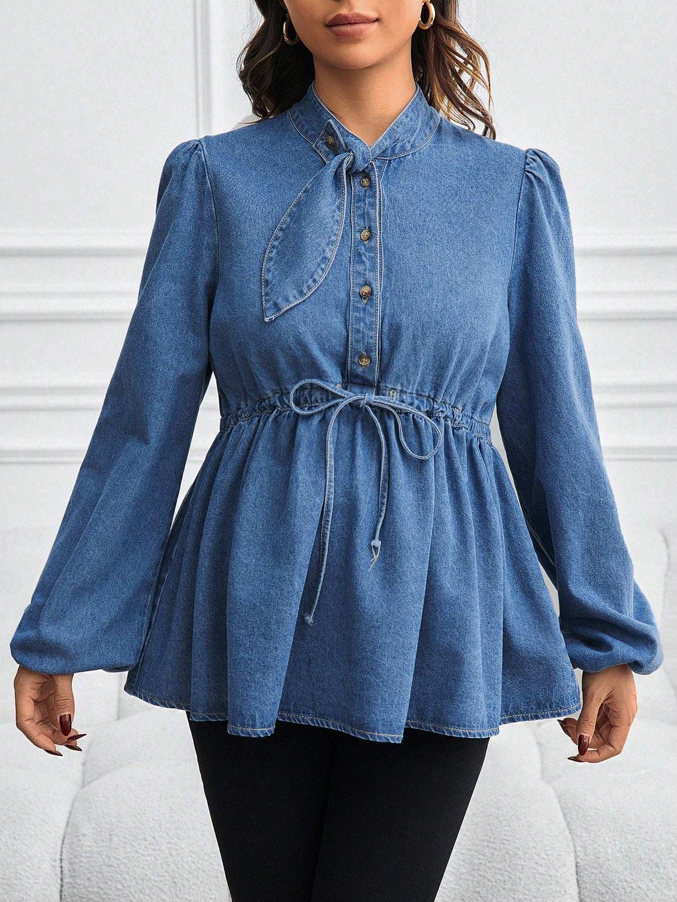 قميص/بلوزة من الجينز بياقة فانوس وخصر ربطة للحوامل - Pink&blue