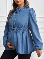 قميص/بلوزة من الجينز بياقة فانوس وخصر ربطة للحوامل - Pink&blue