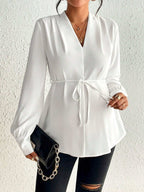 بلوزة أم بياقة على شكل حرف V مزودة بحزام وأكمام طويلة - Pink&blue