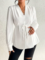 بلوزة أم بياقة على شكل حرف V مزودة بحزام وأكمام طويلة - Pink&blue