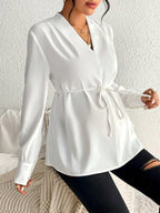 بلوزة أم بياقة على شكل حرف V مزودة بحزام وأكمام طويلة - Pink&blue